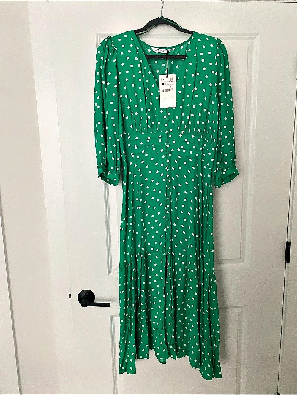 NWT Zara Polka Dot Midi Dress in Green & White XL